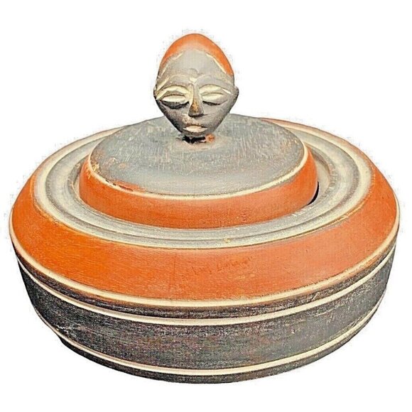 Vintage Hand Carved Wooden Tribal Bust Lidded Round Trinket Box Tobacco Jar